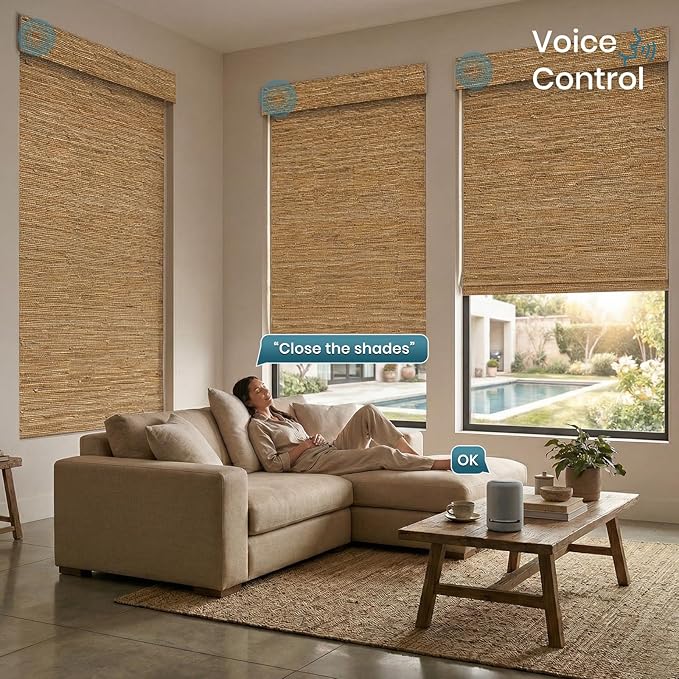 Motorized Roman Shades with Remote,Wooden Blinds Compatible with Alexa/Google/Apple Homekit,Natural Woven Wood Blinds,Customized Size,Crocheting Dark Brown