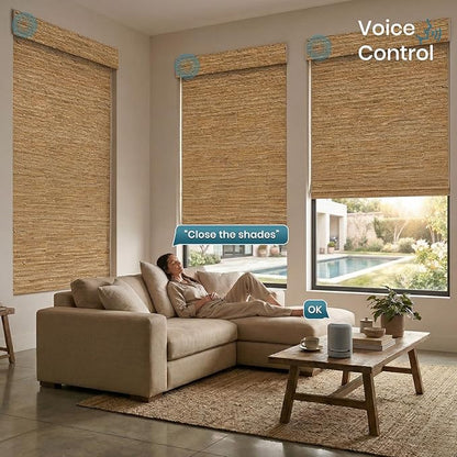 Motorized Roman Shades with Remote,Wooden Blinds Compatible with Alexa/Google/Apple Homekit,Natural Woven Wood Blinds,Customized Size,Crocheting Dark Brown