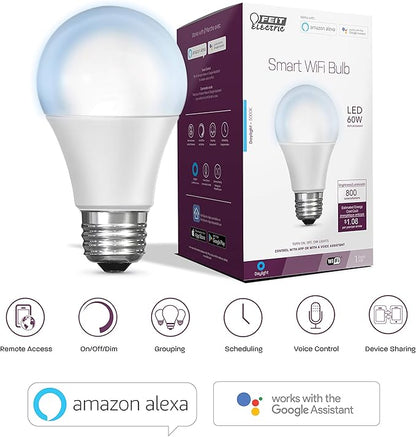 Feit Electric OM60/950CA/AG 60W Equivalent 2.4GHz WiFi Dimmable, No Hub Required, Alexa Google Assistant A19 Smart LED Light Bulb, 4.4" H x 2.3" D, 5000K Daylight