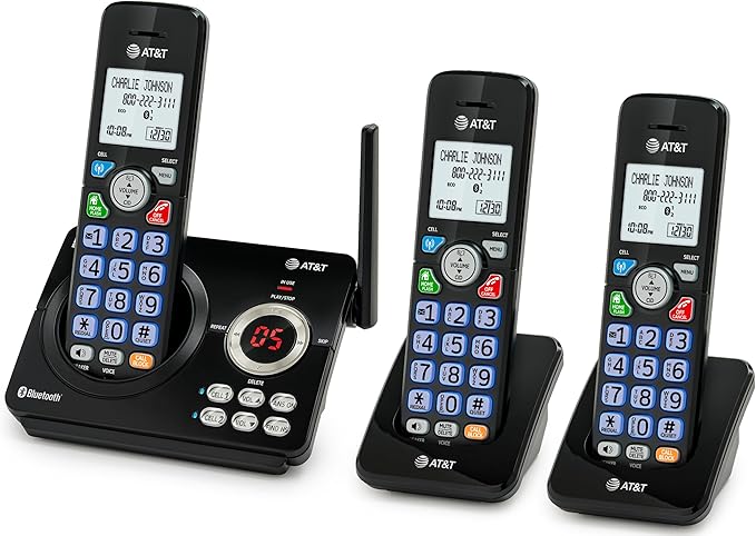 AT&T DL72379 3-Handsets DECT 6.0 Cordless Landline Phone with Bluetooth Connect to Cell, Smart Call Blocker, Digital Answering System, Big Buttons, Unsurpassed Range & ECO Mode