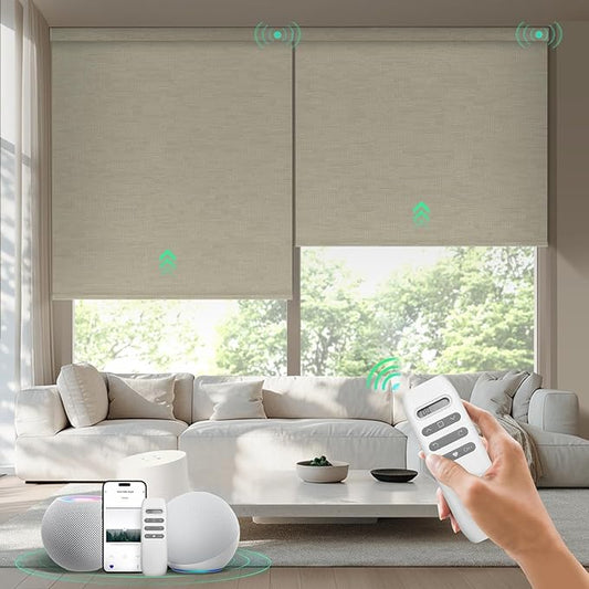 HeyBlinds Motorized Blinds with Remote, 100% Blackout Smart Blinds, Automatic Shades for Windows Compatible with Alexa Google and Homekit, Custom Size(Moon River-Sand Bo)