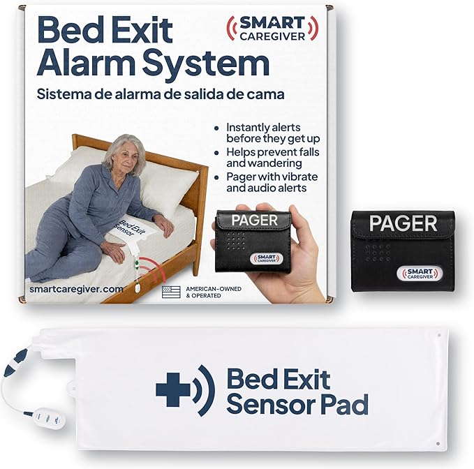 Smart Caregiver Bed Exit Alarm with Wireless Pager - Early Alert Fall Prevention for Seniors and Elderly - Weight Sensing Bed Pad Alerts Caregiver When They Get Up - USA Company and Customer Service