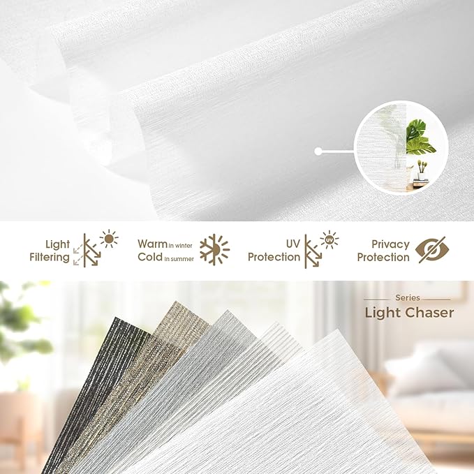 HeyBlinds Motorized Blinds with Remote, Smart Roller Shades with App & Voice Control, Work with Alexa Google HomeKit, Light Filtering Custom Shades for Living Room (Light Chaser-Perla Bianca LF)