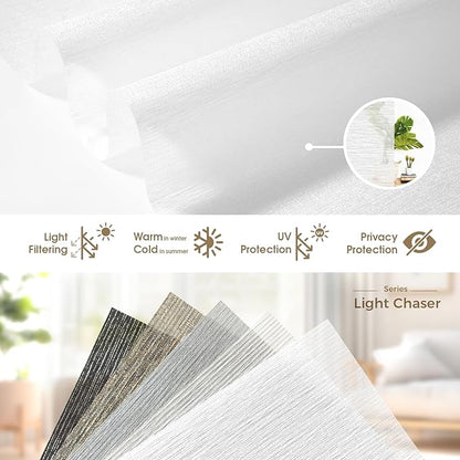 HeyBlinds Motorized Blinds with Remote, Smart Roller Shades with App & Voice Control, Work with Alexa Google HomeKit, Light Filtering Custom Shades for Living Room (Light Chaser-Perla Bianca LF)