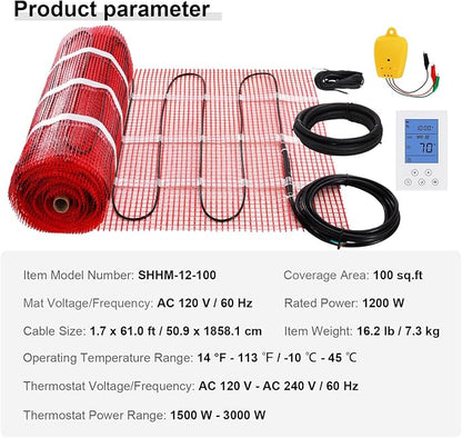 VEVOR Floor Heating Mat,100Sq.ft. 14℉-113℉ Electric Radiant Floor Heated Warm System with Digital Floor Sensing Thermostat, 110-120V Includes Installation Monitor, Adhesive Back for Easy Installation