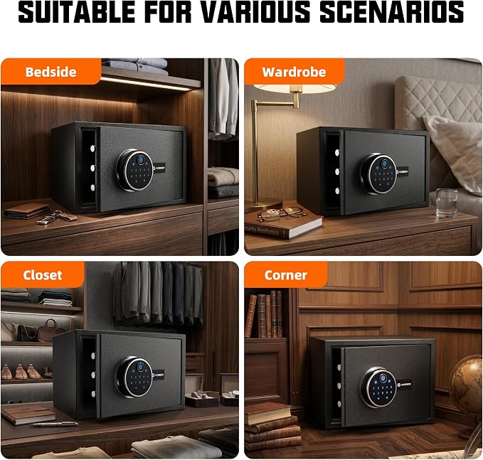 XDeer Biometric Safe with Fireproof Bag, 0.78 CuFt Small Safe with APP | Fingerprint/APP/Backlit Keypad/Keys, LED Light, Adjustable Shelf, Money Safe Box, Smart Home Safe for Cash/Jewelry/Document