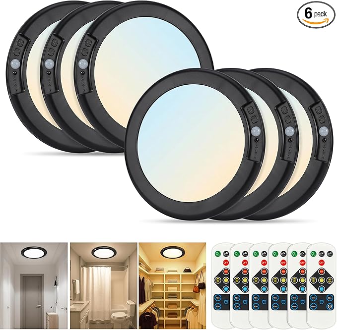 Black Wireless Rechargeable Ceiling Light - Motion Sensor Night Light Indoor with Remote, Battery Operated Led Lights for Bedroom Hallway, Living Room, Bathroom, Home & Kitchen Decor Lighting (6)
