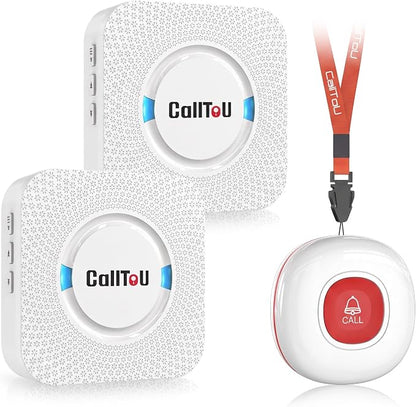 CallToU Wireless Caregiver Pager Call Button for Elderly at Home Nurse Alert System 500+ Feet for Seniors/Elderly/Patient/Disabled 2 Plugin Receivers 1 Waterproof SOS Button