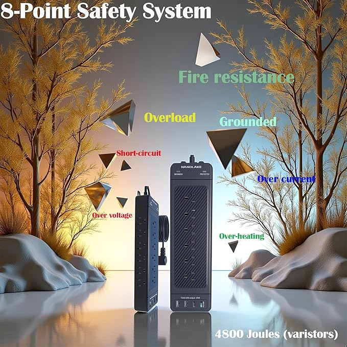 Surge Protector Power Strip 10ft Cord/High Joules Surge Protection (4800J)/Heavy Duty/Multiple outlets/Mountable/18AC/1875W/USB A+C(PD20W),Flat Plug,Commercial,Industrial,Office,Home,Black