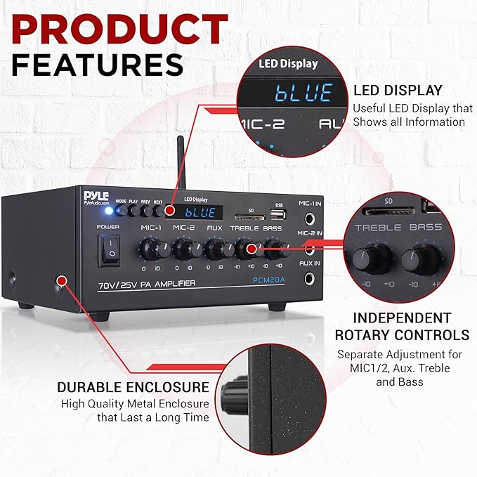 Pyle Compact Mini Home Power Amplifier - 40W Smart Small Audio Stereo Receiver w/ AUX 2 Microphone IN COM/8-Ohm/25V/70V Speakers LED Input Selector For PA Amplified Speaker Sound System - PCM20A
