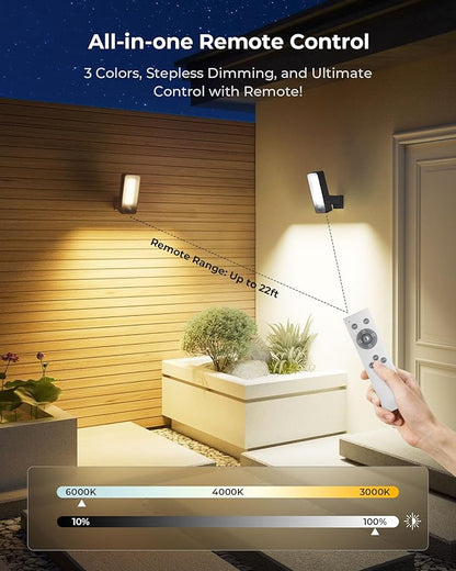 2 Pack Motion Sensor Outdoor Lights, 10000mAh Rechargeable Battery Operated Outdoor Lights with Remote, 3 Modes with Red Alert, Dimmable & 3CCT, Outdoor Security Lights for Porch, Backyard, Garage