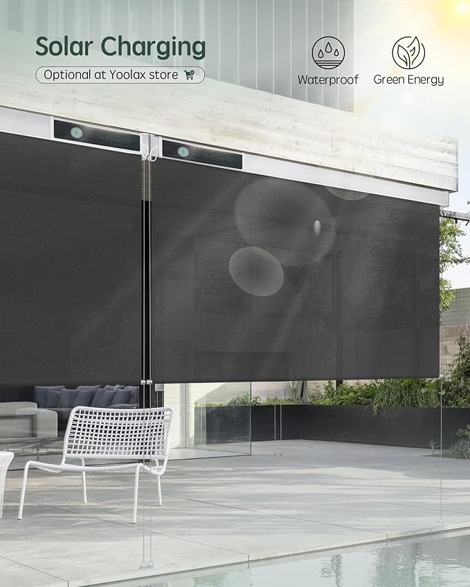 Yoolax Motorized Outdoor Shades Smart Retractable Patio Screens Compatible with Alexa Google, Remote Control Blinds for Porch Patio Waterproof Roller Shades Custom (3% Openness Black)