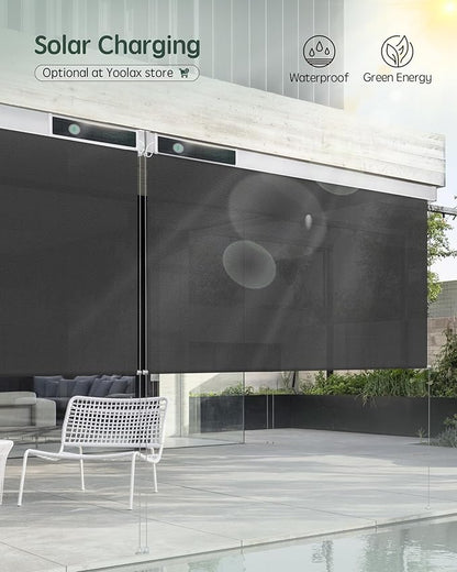 Yoolax Motorized Outdoor Shades Smart Retractable Patio Screens Compatible with Alexa Google, Remote Control Blinds for Porch Patio Waterproof Roller Shades Custom (3% Openness Black)