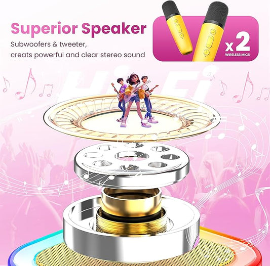 Mini Karaoke Machine for Kids Adults, 2026 TOP Birthday Gifts for Girls Boys 3,4,5,6,7,8+Year Old Toddler Toys, Portable Bluetooth Speaker with 2 Wireless Karaoke Microphones Player (Yellow)