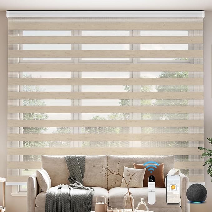 Interior Window Shades, Smart Dual Layer Light Filtering Blinds Compatible with Alexa & Google Home, Customized Size Cordless Electric Window Shades, (Linen Apricot, 55% Blackout)