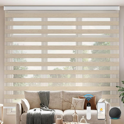 Interior Window Shades, Smart Dual Layer Light Filtering Blinds Compatible with Alexa & Google Home, Customized Size Cordless Electric Window Shades, (Linen Apricot, 55% Blackout)