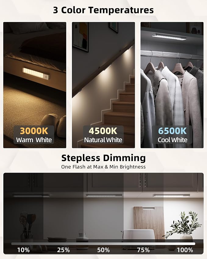 EZVALO 6 Pack 8 inch Under Cabinet Lighting with Charging Station, Rechargeable Motion Sensor Lights, Wireless Magnetic LED Closet Lights, 3 Color Temperatures, Dimmable for Kitchen, Pantry, Stair
