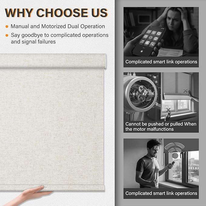 BERISSA Motorized Blinds with Remote,Dual-Control(Manual + Remote) Roller Shades,Blackout&Light Filtering Rechargeable Smart Electric Window Blinds for Home,Office,Custom Color,Custom Size