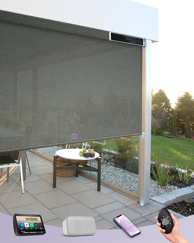 Graywind Motorized Outdoor Shades for Patio, Work with Alexa & Google, Solar Powered Electric Roller Shades for Outside, Custom Size (3% Openness AegisLite Shadow)