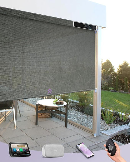 Graywind Motorized Outdoor Shades for Patio, Work with Alexa & Google, Solar Powered Electric Roller Shades for Outside, Custom Size (3% Openness AegisLite Shadow)