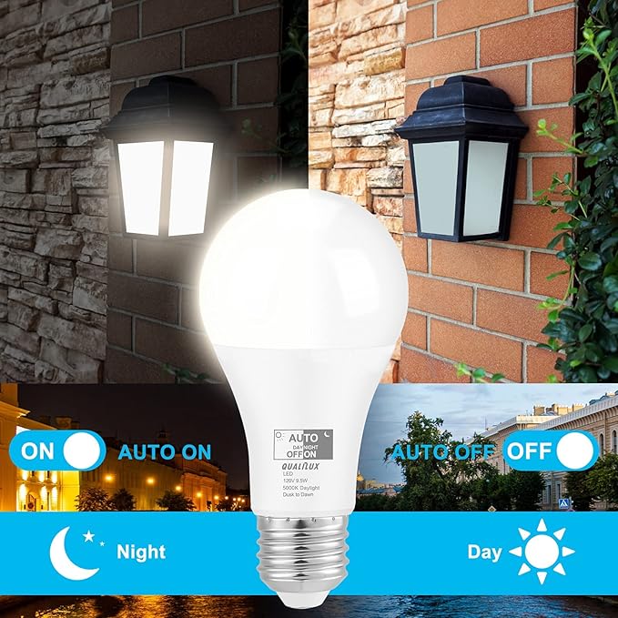 Qualilux Dusk to Dawn LED Light Bulbs 850LM, 60W Equivalent, Daylight, Energy-Efficient 9.5W, A19, E26 Base, 2-Pack, HQ-H011
