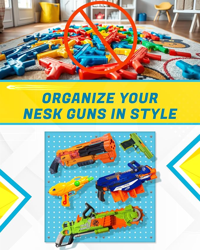 Wooden Peg Board for Nerf Gun Storage Organizer 13 x 13 x 0.31 In - Blue | 4 MDF Panels, 20 Wooden Pegs, Compatible with All Blasters Nerf Gun Rack Organizer for Wall Organization