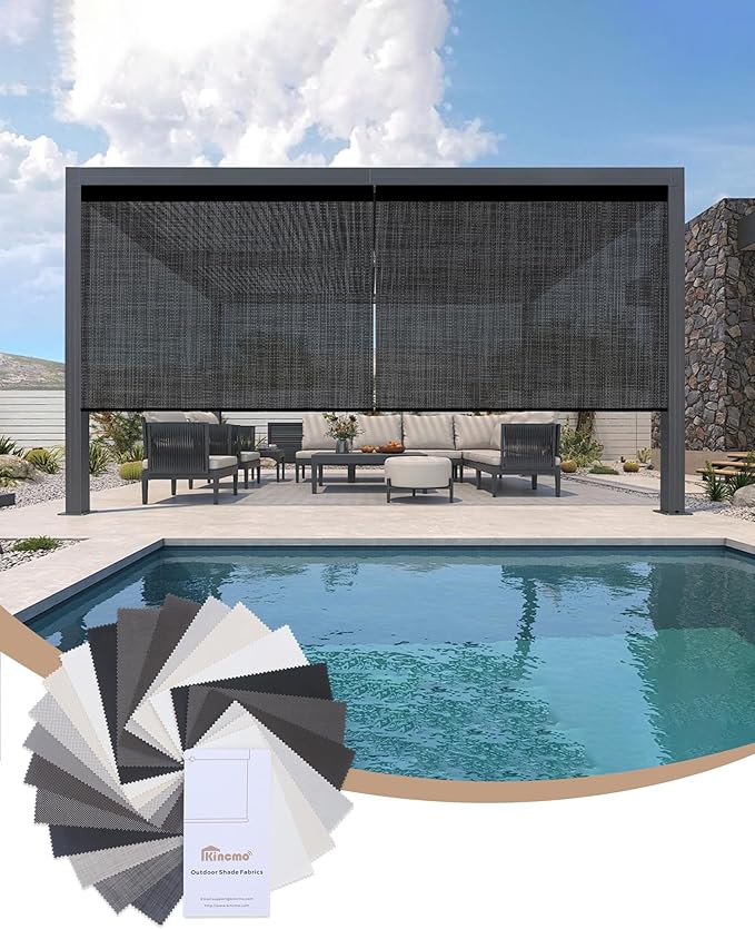 Kincmo Motorized Outdoor Shades for Patio Porch, Custom Outdoor Motorized Blinds with Remote, Waterproof & Windproof Patio Shades Work with Apple Home,Alexa,Google (1% 3% 5% Openness Fabric Samples)