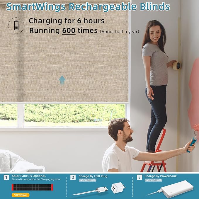 SmartWings Motorized Smart Blinds for Windows in Light Filtering, Electric Remote Roller Shades Compatible with Alexa/Google Home/Homekit, Custom Up to 110”W x 148”H, Linen Translucent Caramel