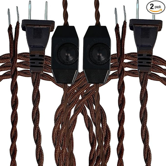 Royal Designs, Inc. 8Ft Twisted Rayon Lamp Cord with NEMA-15P Plug, Rotary Dimmer Switch, Stripped Ends Ready for Wiring, SPT-1 UL Listed, Brown - Pack of 2