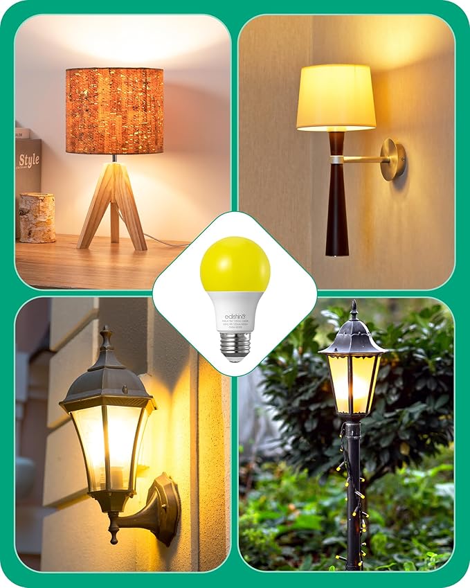 EDISHINE A19 Yellow Light Bulbs, 9W(60W Equivalent), 600LM 2400K Amber Glow Outdoor Bug Light Bulbs, Non-Dimmable, E26 Medium Base, UL Listed, 8 Pack