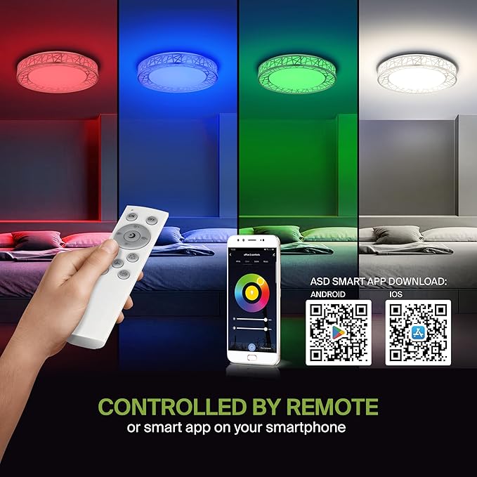 ASD 16 Inch Smart RGBW Flush Mount Ceiling Light with Remote - Brushed Nickel 28W 120V 2700-6500K Dimmable Ceiling Light Fixture, WiFi App Control RGB Lights, Alexa & Google Assistant - ETL