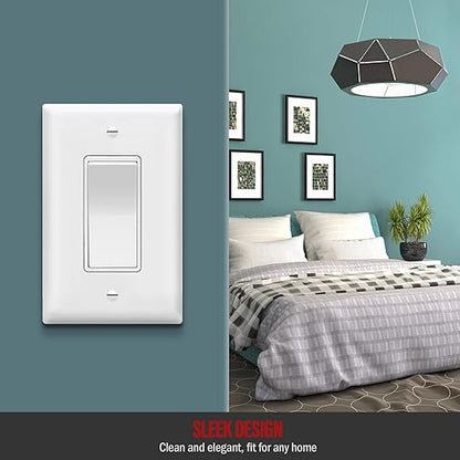 ENERLITES Decorator Light Switch, Single Pole, 15A 120-277V, Grounding Screw, Residential Grade, UL Listed, 91150-WMWP-10PCS, White with Mid-Size Wall Plates, 10 Pack