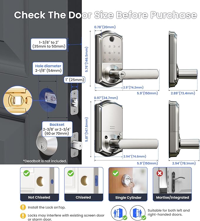 Veise VE019 Fingerprint Smart Lever Lock, App Control, Keyless Entry Door Lock with Handle, Touchscreen Keypad Knob for Front Door and Bedroom, Remote Access Sharing, IP55 Waterproof, Satin Nickel