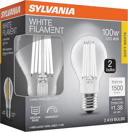 Sylvania A19 Clear LED White Filament Bulb, 11.5W, Dimmable, 1500 LMS, Medium Base, 2700K, Soft White - 2 Pack (42172)