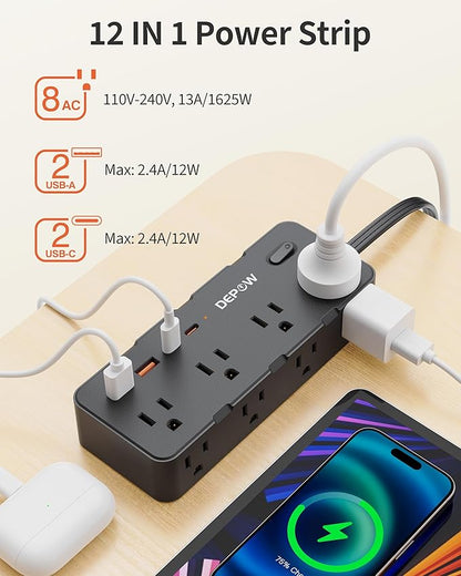 DEPOW Power Strips with Surge Protection, 5FT Extension Cord with Multiple Outlets-8 AC Outlets 4 USB Ports (2 USB C), Flag Plug, 1700 Joule Surge Protector for Home Office, Black