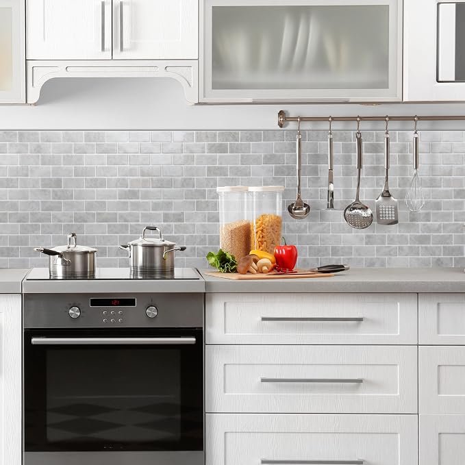 Smart Tiles Peel and Stick backsplash, Subway Gray Marble, 10.95"x9.7" | Pack of 10 (6.3 sq ft), Glossy, Heat/Moisture Resistant, Low VOC, Kitchen/Bathroom, Renter Friendly, Made in Canada