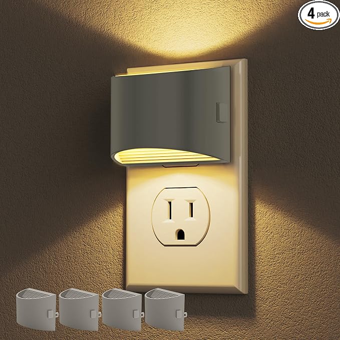 DORESshop Night Light, Night Lights Plug into Wall, Adjustable, 3000K | 3 Level Brightness Adjustable Night Light, Dusk to Dawn Sensor Nightlights for Adults, Bedroom, Hallway, Gray Cover, 4 packs