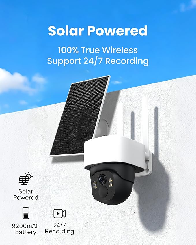 Aurumbach 5MP Solar Security Camera Wireless Outdoor, 3K UHD WiFi PTZ Camera with Color Night Vision, Motion Tracking, AI Human/Vehicle Detection, 2-Way Audio, Support 256GB SD, IP65 Waterproof