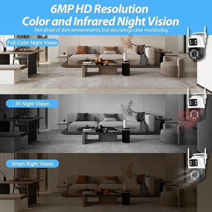TOWODE 6MP Security Camera Outdoor 360°PTZ Surveillance System Dual Lens Linkage 2.4Ghz 24/7 Record IP66 WiFi Camera for Home Security with Motion Detection, Color Night Vision,Two-Way Audio（2Pack）