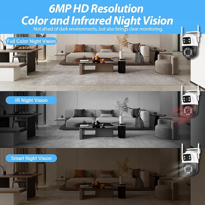 6MP Security Camera Outdoor, 360°PTZ Surveillance System, Dual Lens Security Camera 2.4Ghz 24/7 Record IP66 WiFi Camera for Home Security with Motion Detection, Color Night Vision,Two-Way Audio（White）