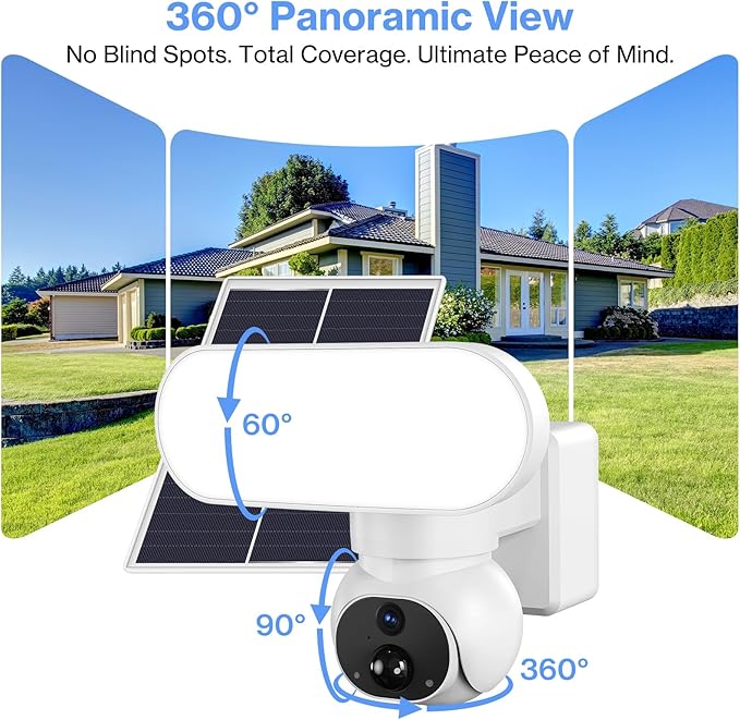 Wireless Floodlight Camera with Solar Panel, Solar PIR Motion Sensor 2000LM Flood Light, Waterproof 2K 360° PTZ Camera for Home Security, 24/7 Surveillance, Local/Cloud Storage, Compatible with Alexa