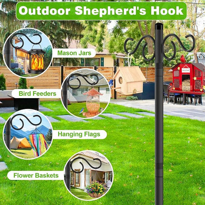RCUICA Double Shepherds Hooks for Outdoor,2 Pack 110Inch Bird Feeder Pole with 5 Prongs Base,Heavy Duty Shepherds Hook,Suitable for Garden in Hanging Flower Basket,Lantern,Bird Nests (110 inch)