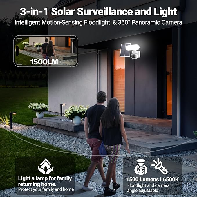 Cadrim 2K Outdoor Wireless Floodlight Security Camera-Solar Powered (64GB Local Storage), 360° Pan/Tilt AI Motion Tracking/ 1500LM Flood Light/ 2K Color Night Vision/ 2.4GHz WiFi