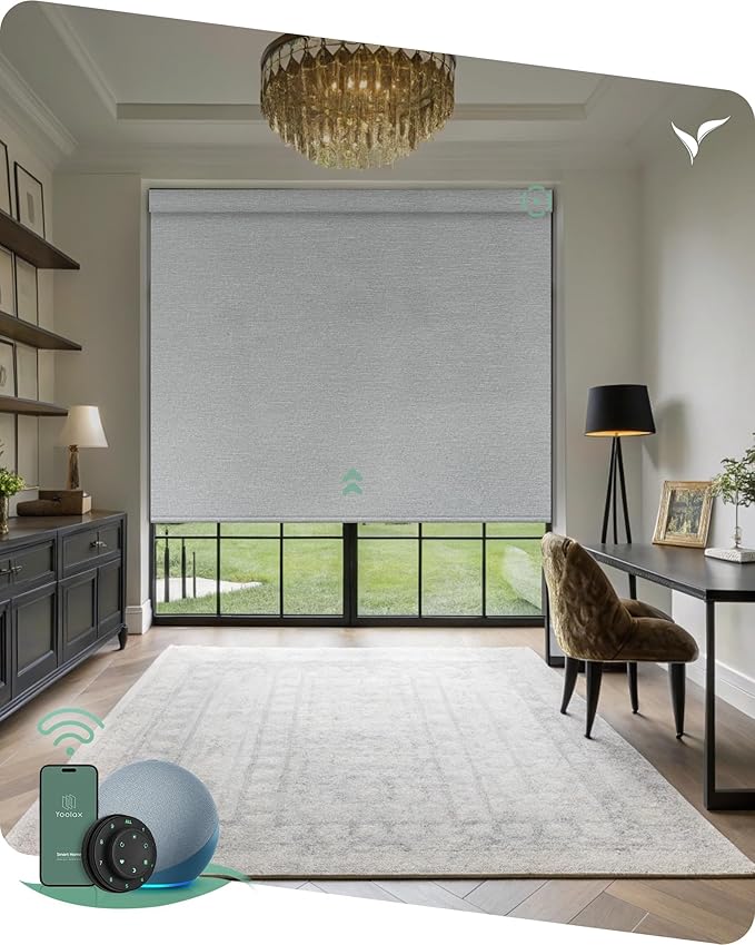 Yoolax Motorized Blinds with Remote, Designer Smart Blinds Work with Alexa, Google, Apple Homekit, 100% Blackout Motorized Shades Custom Electric Shades Voice Control (V-Shimmer Light Jade)