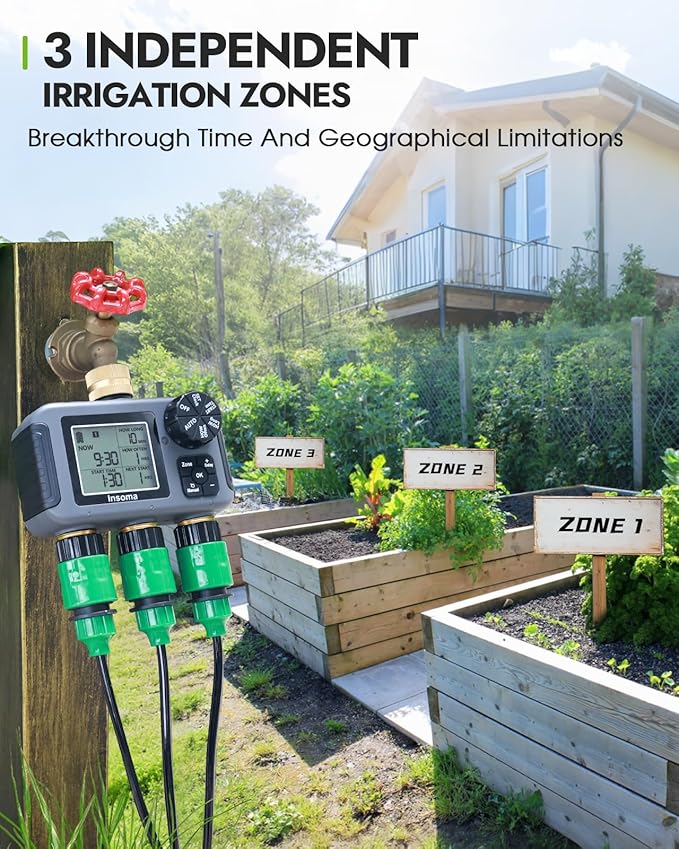 Insoma 3 Outlet Sprinkler Timer Brass Inlet & Outlet, Programmable Garden Hose Timer with Rain Delay, Manual& Automatic Watering System