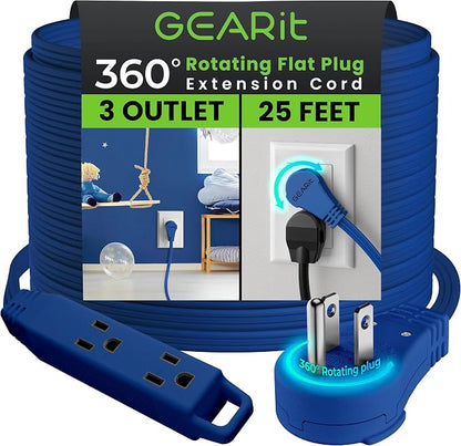 GEARit 25 ft 360° Rotating Flat Plug Extension Cord, 3 Outlet Low Profile Power Cord, 16 AWG 13A 3 Prong Grounded Indoor Cord, ETL Listed, Space-Saving for Furniture, Navy