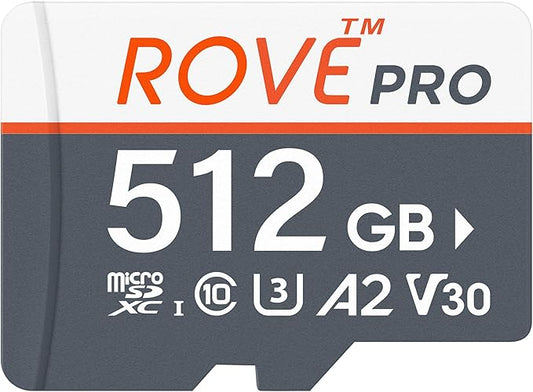 ROVE PRO Micro SD Card microSDXC 512GB Memory Card with Full-Size SD Adapter 100MB/s Read Speed, C10, U3, V30, 4K, A2 for Dash Cam, Android Smart Phones, Tablets, Games