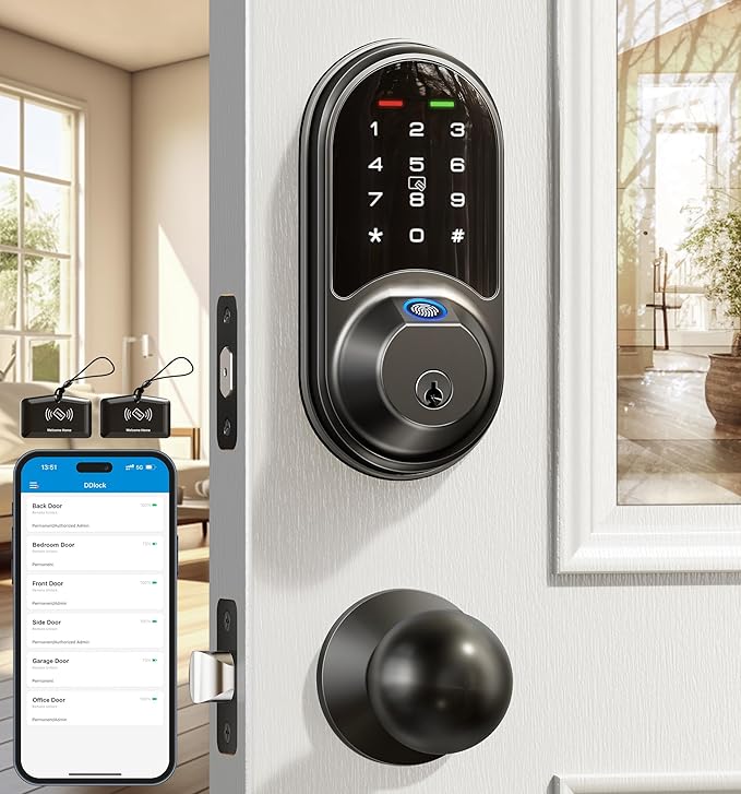 Veise RZ07C Smart Locks for Front Door, 2 Knob Handle Set, Fingerprint Keyless Entry, App Control Biometric Lock, Electronic Digital Touchscreen Keypad Deadbolt, Easy Install, Auto Lock, Matte Black