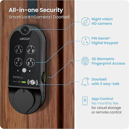 Lockly (Refurbished) Vision Smart Lock with Camera, Video Doorbell Keyless Entry Door Lock Wi-Fi, PIN Genie Keypad, Fingerprint, Remote Control, Easy Installation, No Monthly Fee
