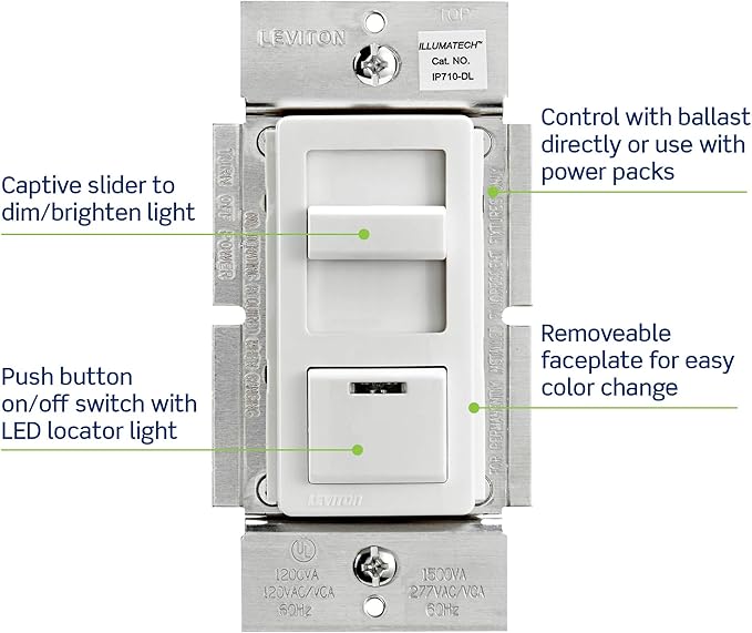 Leviton IllumaTech Dimmer Switch for 0-10V LED, Mark 7 Florescent Ballasts, wth LED Locator Light, IP710-DLZ, White with Ivory and Light Almond Faceplates